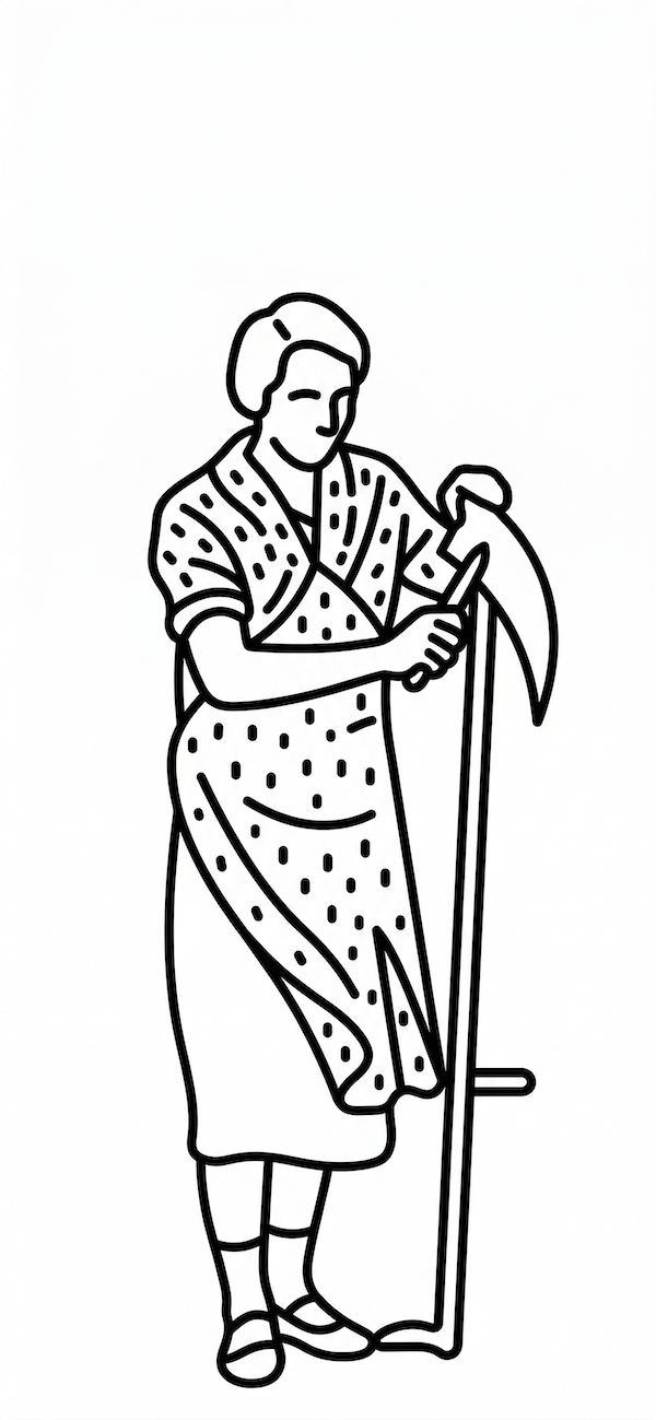 Ilustración de Dolores Ibarruri de pie con una hoz, inspirada en la fotografía de Estampa, 1931