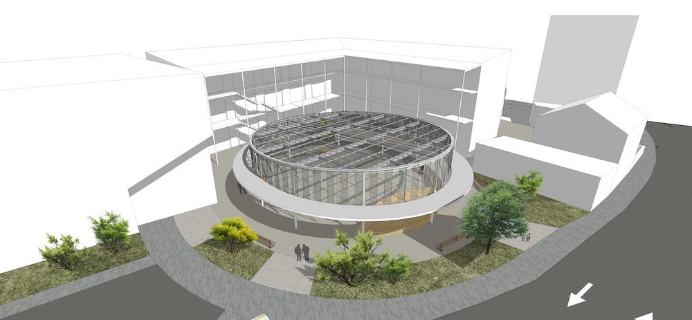 Render arquitectónico de la propuesta 1: cubierta integrada con el edificio de la policía municipal y del Gaztegune