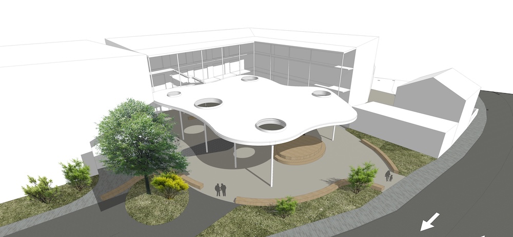 Render arquitectónico de la propuesta 2: cubierta con espacio abierto para entrada de luz directa